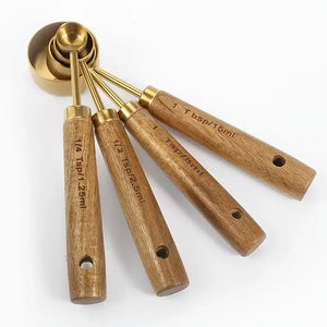 8PCS, Measuring Cups And Spoons, Golden Stainless Steel Measuring Cups With Wooden Handles acacuss