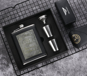 8oz Whisky Bottle Stainless Steel Alcohol Funnel Hip Flask Embroidered Golden Silk Textile Wrapping Gift Box Set acacuss