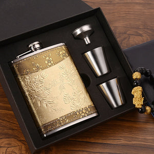 8oz Whisky Bottle Stainless Steel Alcohol Funnel Hip Flask Embroidered Golden Silk Textile Wrapping Gift Box Set acacuss