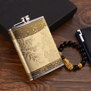 8oz Whisky Bottle Stainless Steel Alcohol Funnel Hip Flask Embroidered Golden Silk Textile Wrapping Gift Box Set acacuss