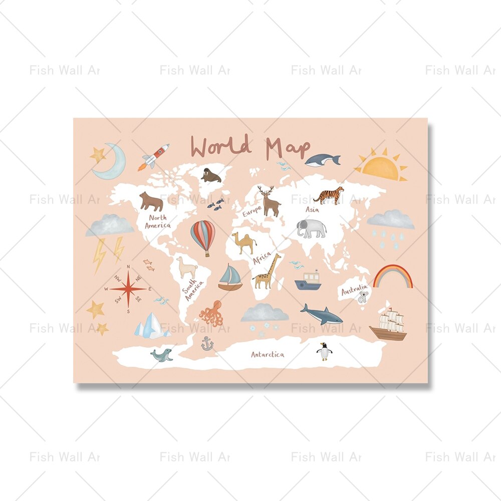 Nordic Lustige Rosa Weltkarte Leinwand Malerei Kindergarten Poster und Druck Cartoon Aquarell Wand Kunst Bilder für Kinder Schlafzimmer dekor