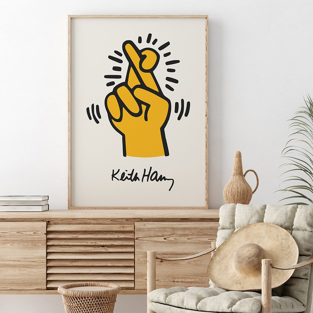 Keith druckt gelbe Farbe Pop-Art-Druck Poster Finger tanzende Blumen Leinwand Malerei abstrakte Wand Bild für Schlafzimmer Dekor