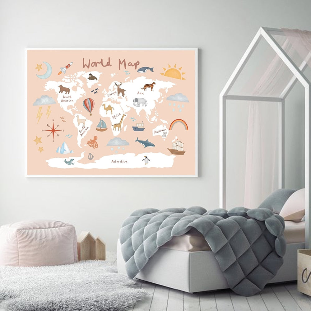 Nordic Lustige Rosa Weltkarte Leinwand Malerei Kindergarten Poster und Druck Cartoon Aquarell Wand Kunst Bilder für Kinder Schlafzimmer dekor