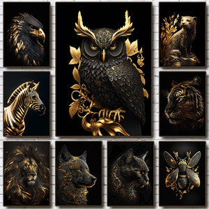 Abstract Black Gold Animal Canvas Painting Owl Tiger Lion Wolf Eagle Zebra Bull Posters Wall Art Pictures for Room Home Decor acacuss