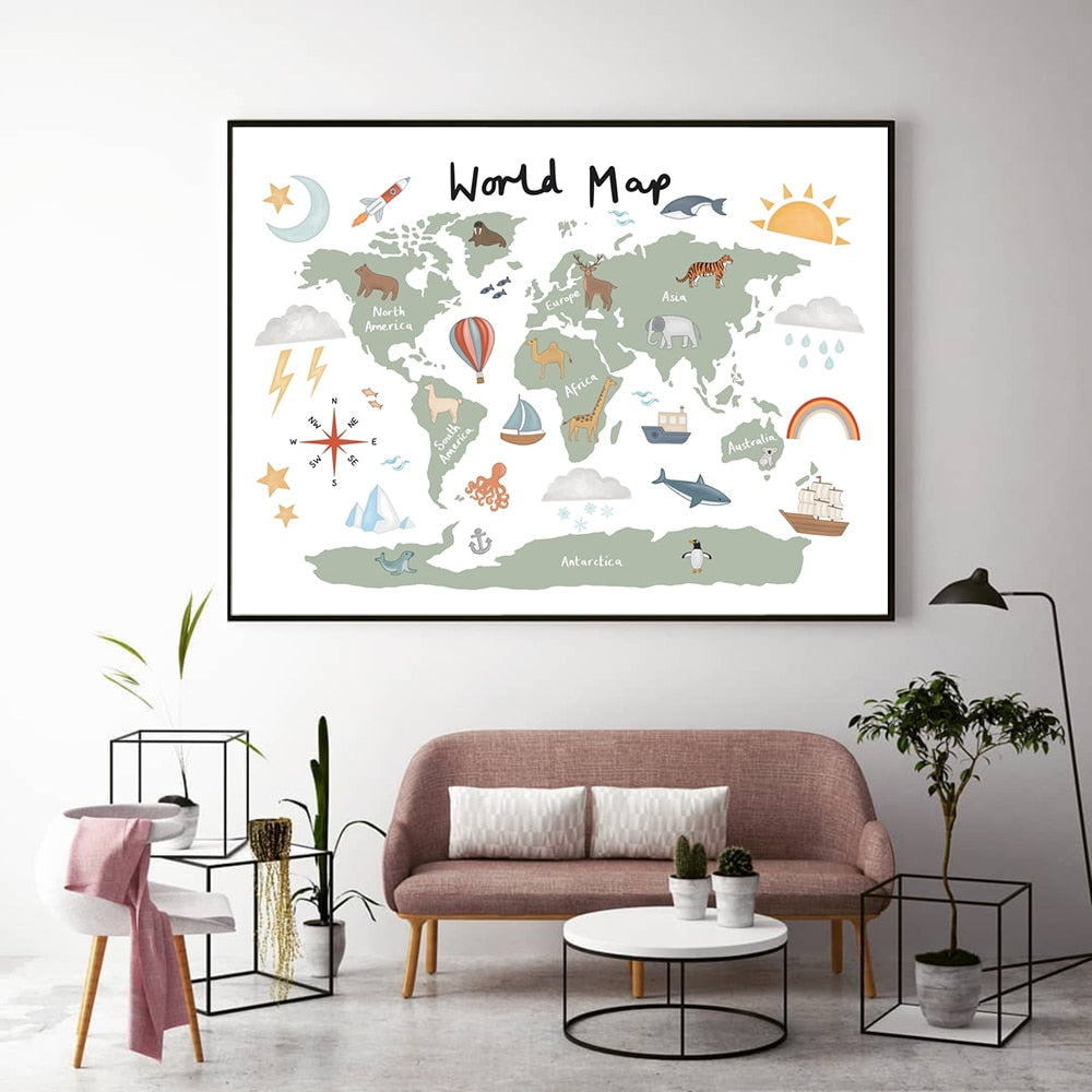 Nordic Lustige Rosa Weltkarte Leinwand Malerei Kindergarten Poster und Druck Cartoon Aquarell Wand Kunst Bilder für Kinder Schlafzimmer dekor