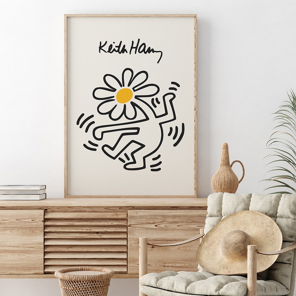 Keith druckt gelbe Farbe Pop-Art-Druck Poster Finger tanzende Blumen Leinwand Malerei abstrakte Wand Bild für Schlafzimmer Dekor