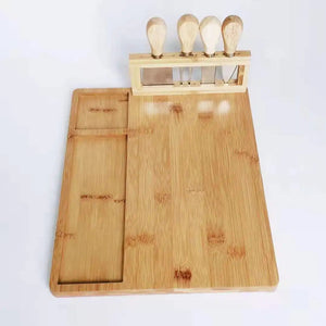 Bamboo Cheese Board Set with Square Wooden Board, Knife Holder, 4 Stainless Steel Knives, Dessert Plate acacuss