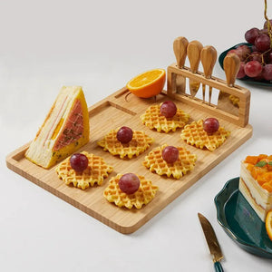 Bamboo Cheese Board Set with Square Wooden Board, Knife Holder, 4 Stainless Steel Knives, Dessert Plate acacuss