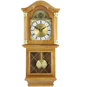 Bedford Clock Collection Classic Golden Oak Chiming Wall Clock With Swinging Pendulum acacuss