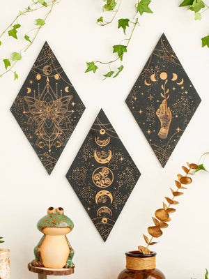 Black Moon Phase Wooden Wall Decor Rhomboid Wall Art Boho Home Decoration Witch Wall Hanging Decor Room Decors Aesthetic Gift acacuss
