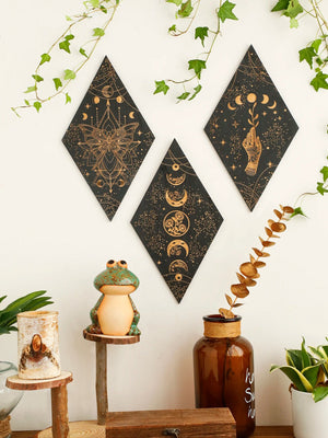 Black Moon Phase Wooden Wall Decor Rhomboid Wall Art Boho Home Decoration Witch Wall Hanging Decor Room Decors Aesthetic Gift acacuss