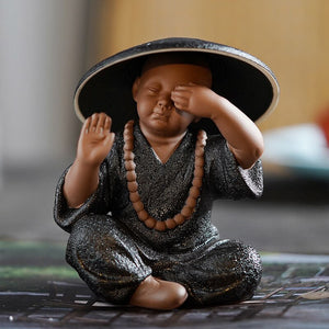 Black Pottery Buddhist Monks Miniature Figurines Buddha Statue Sculpture Fairy Ornaments Meditation Home Garden Docor Decoration acacuss