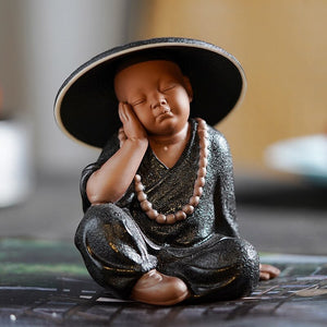 Black Pottery Buddhist Monks Miniature Figurines Buddha Statue Sculpture Fairy Ornaments Meditation Home Garden Docor Decoration acacuss