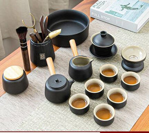 Black Pottery Tea Ceremony Set Ceramic Kung Fu Teapot Set Zen Style Tea Service Set with Tea Caddy, Gift Set acacuss