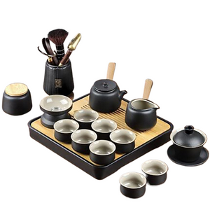Black Pottery Tea Ceremony Set Ceramic Kung Fu Teapot Set Zen Style Tea Service Set with Tea Caddy, Gift Set acacuss