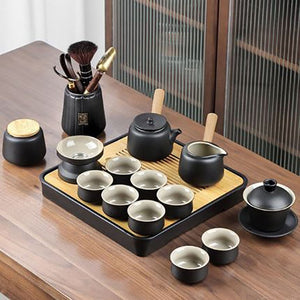 Black Pottery Tea Ceremony Set Ceramic Kung Fu Teapot Set Zen Style Tea Service Set with Tea Caddy, Gift Set acacuss