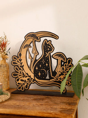Black Wooden Mushroom Cat Moon Tabletop Decoration Desk Accessories Home Decor Nordic Office Home Decorations Desktop Ornament acacuss
