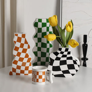 Black and White Ceramic Vase Decoration Checkerboard High Sense Dried Flower Vase Living Room Flower Arrangement Home Decoration acacuss