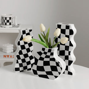 Black and White Ceramic Vase Decoration Checkerboard High Sense Dried Flower Vase Living Room Flower Arrangement Home Decoration acacuss