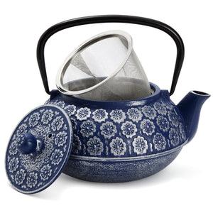 Blue Cast Iron Chinese Teapot with Infuser for Loose Leaf Tea, Includes Handle and Removable Lid, 34oz acacuss