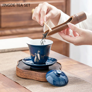 Blue Ceramic Gaiwan Tea Cup Portable Boutique Personal Tea Bowl with Lid Large Hand-grabbing Bowl Household Tea Set Accessories acacuss
