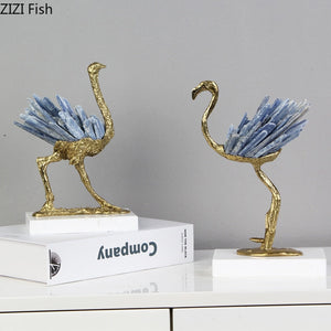 Blue Crystal Brass Ostrich Sculpture Ornaments Abstract Crafts Living Room Furnishings Desk Decoration Creative Artwork Statue acacuss