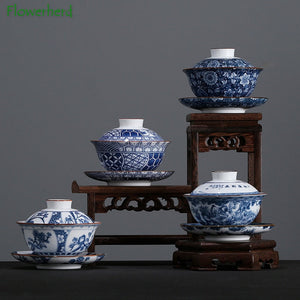 Blue and White Porcelain Gaiwan Teaware Teacup Kung Fu Tea Set Ceramic White Porcelain Tureen Gaiwan Handpainted Tea Sets China acacuss