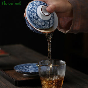 Blue and White Porcelain Gaiwan Teaware Teacup Kung Fu Tea Set Ceramic White Porcelain Tureen Gaiwan Handpainted Tea Sets China acacuss
