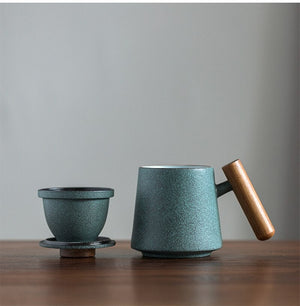 Bluestone Glazed Wooden Handle Mug Large TEA-Ceramic Tea Mugs with Filters Coffee Mugs Drinkware 320ml acacuss