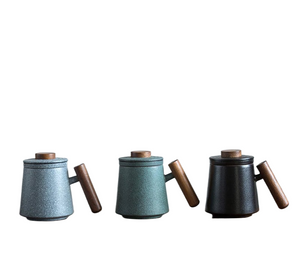 Bluestone Glazed Wooden Handle Mug Large TEA-Ceramic Tea Mugs with Filters Coffee Mugs Drinkware 320ml acacuss