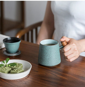 Bluestone Glazed Wooden Handle Mug Large TEA-Ceramic Tea Mugs with Filters Coffee Mugs Drinkware 320ml acacuss