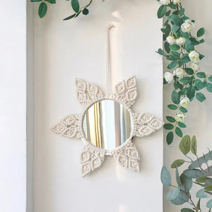 Boho Woven Mirror Leaf Feather Living Room Bedroom Wall Hanging Porch Decor looking glass Hand Woven Tapestry Mirror Decor Room acacuss