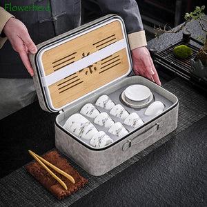 Business Gift Tea Set Sheep Grease Jade Ceramic Teaware Kung Fu Tea Set Travel Bag Tea Tray Tea Towel Tea Clip Set of Tea Set acacuss