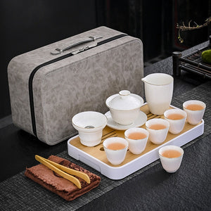 Business Gift Tea Set Sheep Grease Jade Ceramic Teaware Kung Fu Tea Set Travel Bag Tea Tray Tea Towel Tea Clip Set of Tea Set acacuss