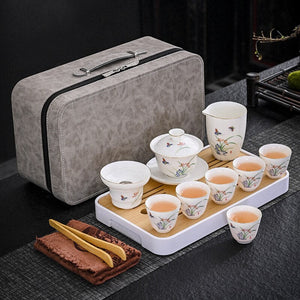 Business Gift Tea Set Sheep Grease Jade Ceramic Teaware Kung Fu Tea Set Travel Bag Tea Tray Tea Towel Tea Clip Set of Tea Set acacuss