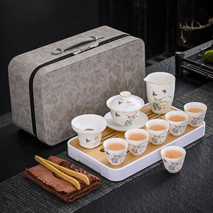 Business Gift Tea Set Sheep Grease Jade Ceramic Teaware Kung Fu Tea Set Travel Bag Tea Tray Tea Towel Tea Clip Set of Tea Set acacuss
