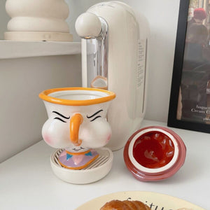 Cartoon Anime Beauty And The Beast Mug Creative 3D Chip Ceramic Cup Large Capacity Kawaii Chip Statue Coffee Mug With Lid Decor acacuss