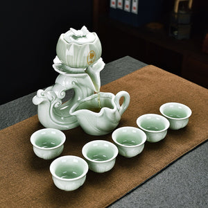 Celadon Lotus Automatic Chinese KUNGFU Tea Set Semi-automatic Office Tea Set Creative Lazy Ceramic Relief High-end Tea Set acacuss