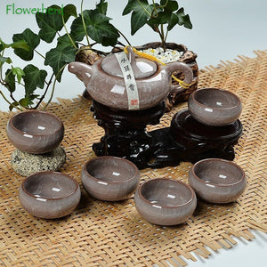Ceramic Porcelain Kung Fu Tea Set Teaware Tea Cup Set of 6 Tea Pot and Cup Set Purple Clay Colorful Ice Cracked Glaze Tea Set acacuss