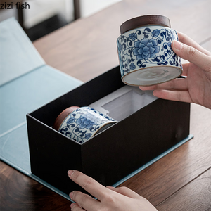 Ceramic Tea Caddy 2 Piece Set Gift Box Wooden Cover Storage Tank Sealed Jar Storage Tank Tea Box Tea Container Candy Jar Tea Can acacuss
