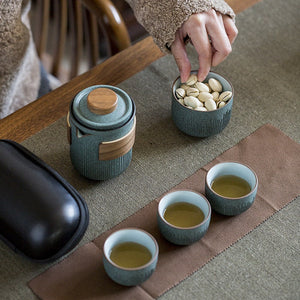 Ceramic Travel Portable Tea set | Bluestone Glaze Striped Quick Guest Cup | Four Cups Ceramic | Travel Portable Tea Set Outdoor acacuss