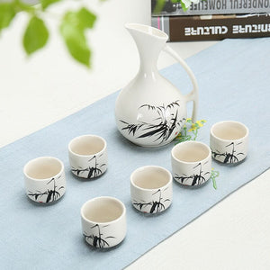 Ceramic Wine Set Japanese Style Blue and White Bamboo 1 Pot 6 Cups White Drinkware Bar Decoration Household Kitchen Supplies acacuss