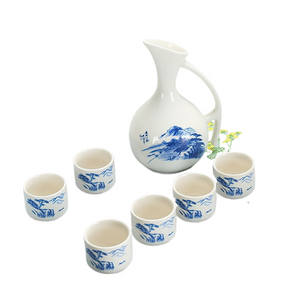 Ceramic Wine Set Japanese Style Blue and White Bamboo 1 Pot 6 Cups White Drinkware Bar Decoration Household Kitchen Supplies acacuss