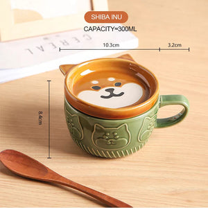 Ceramics Cute Cat Cup Shiba Inu Coffee Cups Mug with Lid Personality Gift Household Cartoon Kawaii Kids Breakfast Oat Milk Mugs acacuss