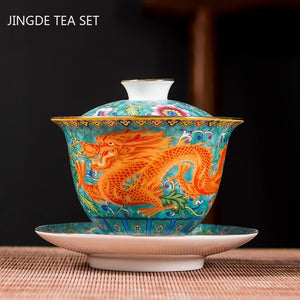 Ceramics Sancai Gaiwan Bowl Dragon and Phoenix Master Cup Tea Cup Handmade Enamel Color Tea Bowl High-end Respect Tea Set acacuss