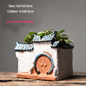Chinese Antique House Retro Building Ceramic Flower Pot Decoration Garden Bonsai Figurines Miniatures Home Ornaments Free Ship acacuss