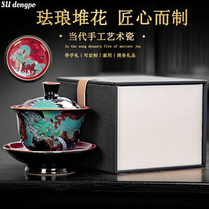 Chinese Green Dragon Gaiwan Wired Enamel Ceramic Jucai Tea Bowl Vintage Palace Style Kung Fu Tea Set Luxurious Business Gifts acacuss