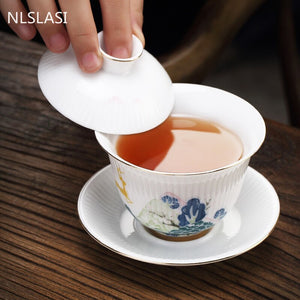 Chinese Handmade Ceramic Gaiwan Teacup Boutique Small Tea Bowl White Porcelain Tea Set Accessories Portable Travel Drinkware acacuss