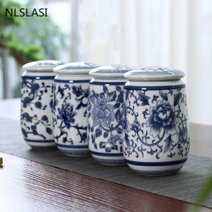 Chinese Palace Blue and White Porcelain Tea Caddy Portable Ceramics Sealed Containers Travel Tea Bag Storage Box Coffee Canister acacuss