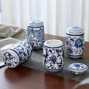 Chinese Palace Blue and White Porcelain Tea Caddy Portable Ceramics Sealed Containers Travel Tea Bag Storage Box Coffee Canister acacuss